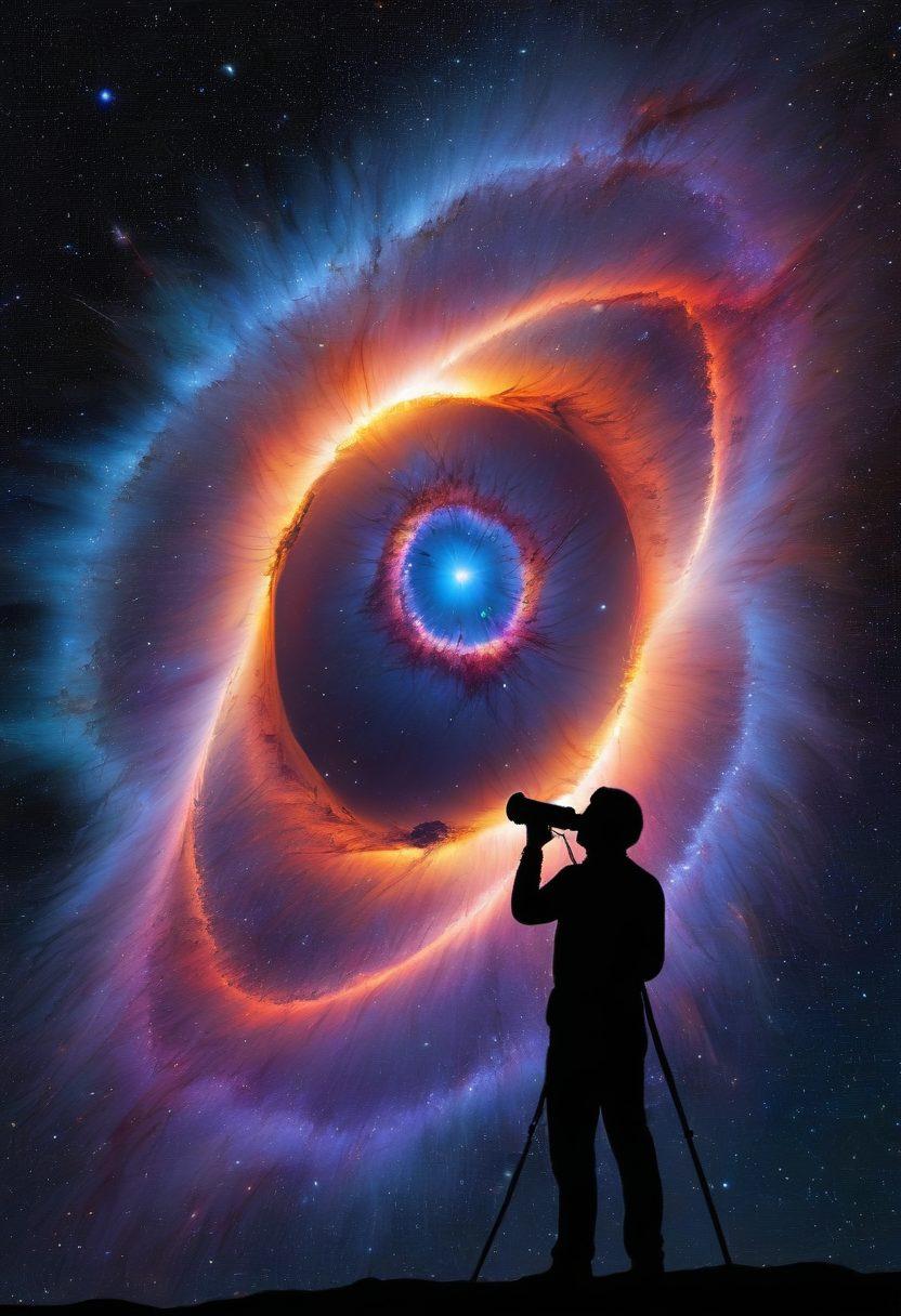 A stunning view of the Helix Nebula, showcasing its vibrant colors of blues, purples, and reds, surrounded by twinkling stars and a dark cosmic backdrop. Include a silhouette of an astronomer with a telescope, gazing up towards the nebula, capturing the awe of space exploration. Add a subtle overlay of mathematical equations and star maps to emphasize the scientific aspect of astrophotography. super-realistic. cosmic theme. vibrant colors.