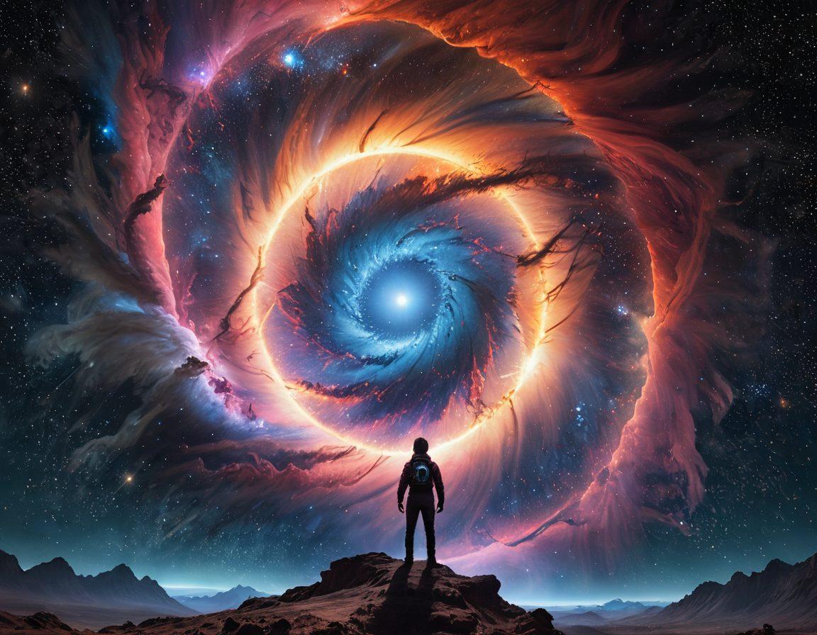 A breathtaking view of the Helix Nebula, showcasing vivid colors of deep blues and fiery pinks swirling together. Include intricate details of cosmic dust and bright stars twinkling in the background, with a silhouette of a spaceship exploring this celestial wonder. The foreground should feature a curious astronaut gazing in awe at the nebula's beauty. super-realistic. vibrant colors. starry night sky.