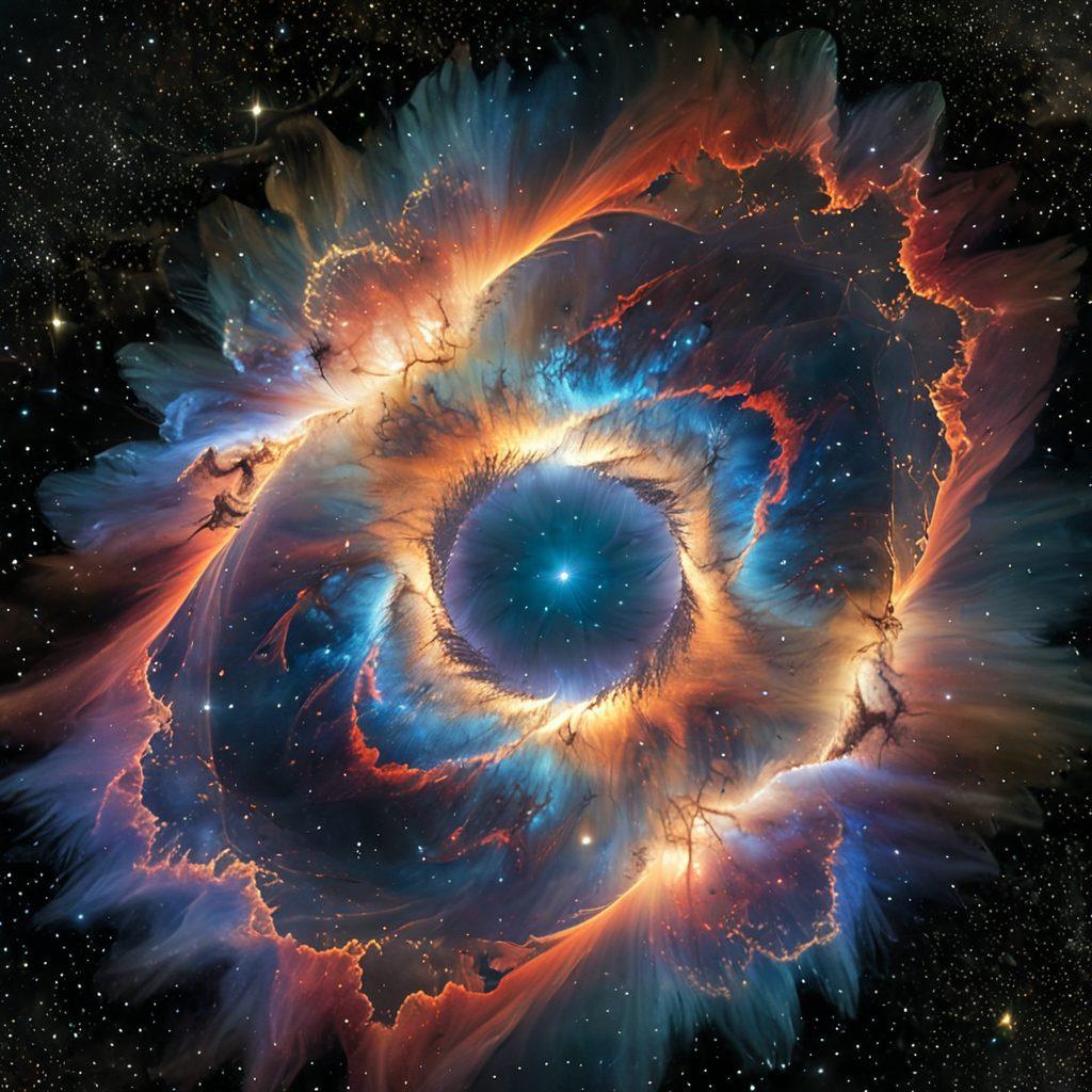 A breathtaking view of the Helix Nebula, showcasing vivid colors with swirling clouds of gas and dust, symbolizing a supernova explosion. In the foreground, an abstract representation of dark matter, depicted as a mysterious shadowy veil, contrasts against the nebula's brilliance. Incorporate shimmering stars and a cosmic backdrop to enhance the sense of depth and mystery. Ultra-realistic. vibrant colors. cosmic theme.